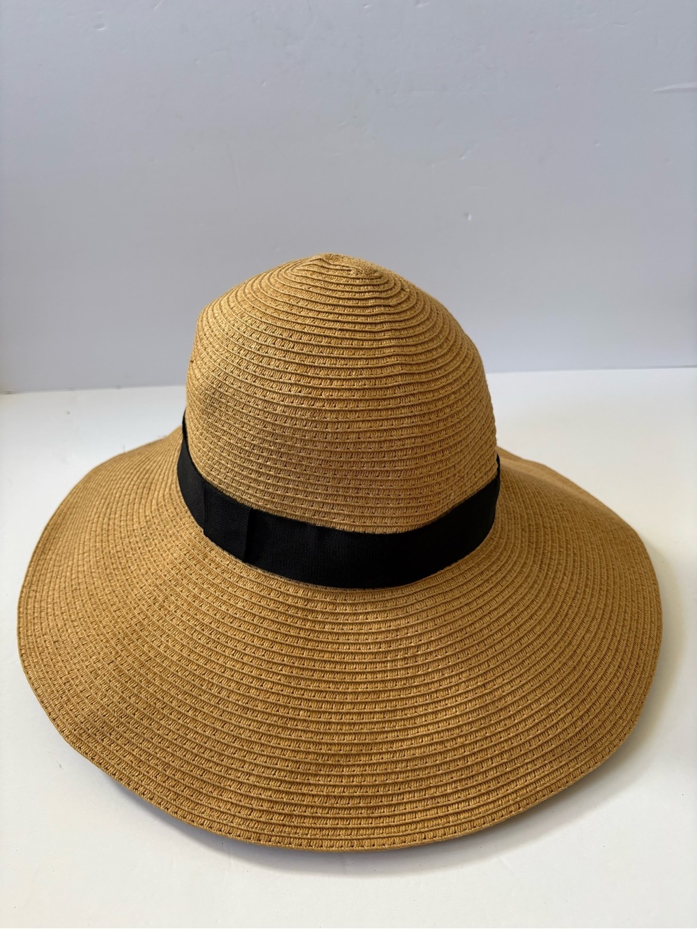 Nordstrom Straw Tan Floppy Wide Brim Hat Black Ribbon Cruise Resort Coastal Sun - Picture 1 of 5
